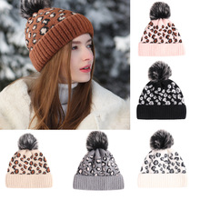 2020秋冬新款套頭帽子女 亞馬遜豹紋綿羊絨提花針織帽毛球毛線帽