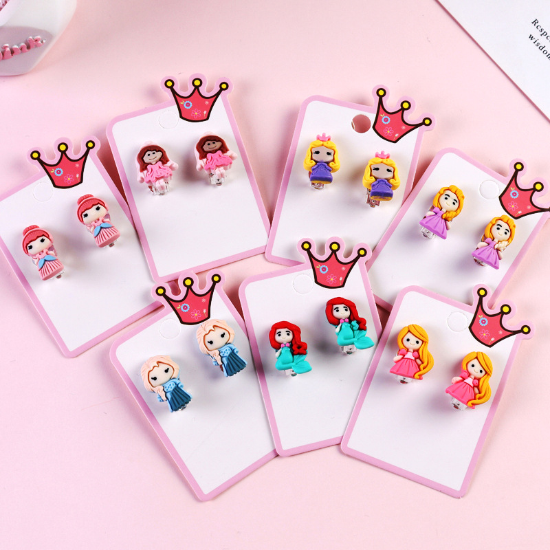 跨境儿童耳夹无耳洞吊坠皇冠卡装美人鱼树脂卡通耳环厂家直销