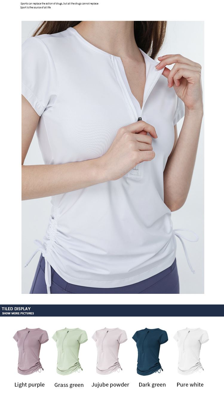 T-shirt à manches courtes à cordon de serrage européen et américain, vêtements de yoga, haut pour femmes, vêtements de fitness, de course à pied, slim et minces_voghion.com