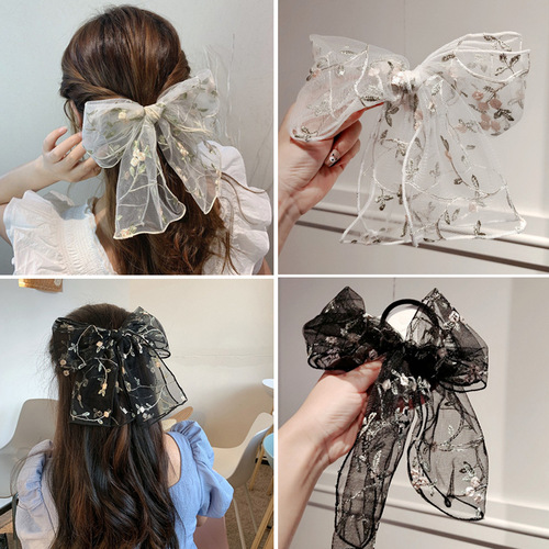 2pcs bowknot hair tie scrunchies for women girls big butterfly hairpin bud embroidery with spring clip on the back of the head