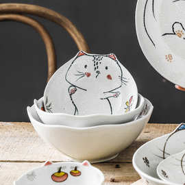 日式陶瓷碗餐具饭碗点心碗面碗汤碗蓝碗雪花釉手绘ins猫碗碟批发