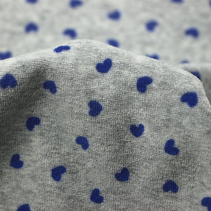 针织纬编棉涤剪绒麻灰鸡心活性印花CVC天鹅绒布运动夹克套装面料