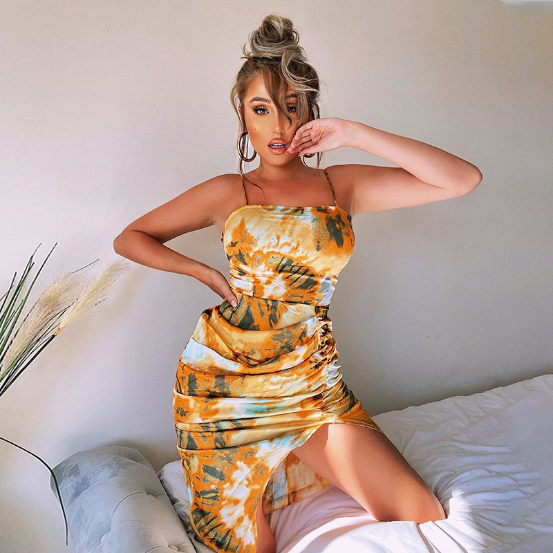 digital printing irregular hem pleated sling dress NSJYF58047