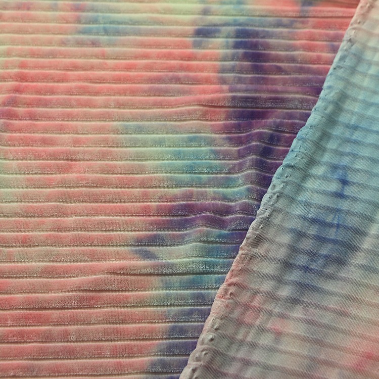 扎染抽条不倒绒针织纬编涤氨纶四面弹扎染韩国绒抽条不倒绒布面料