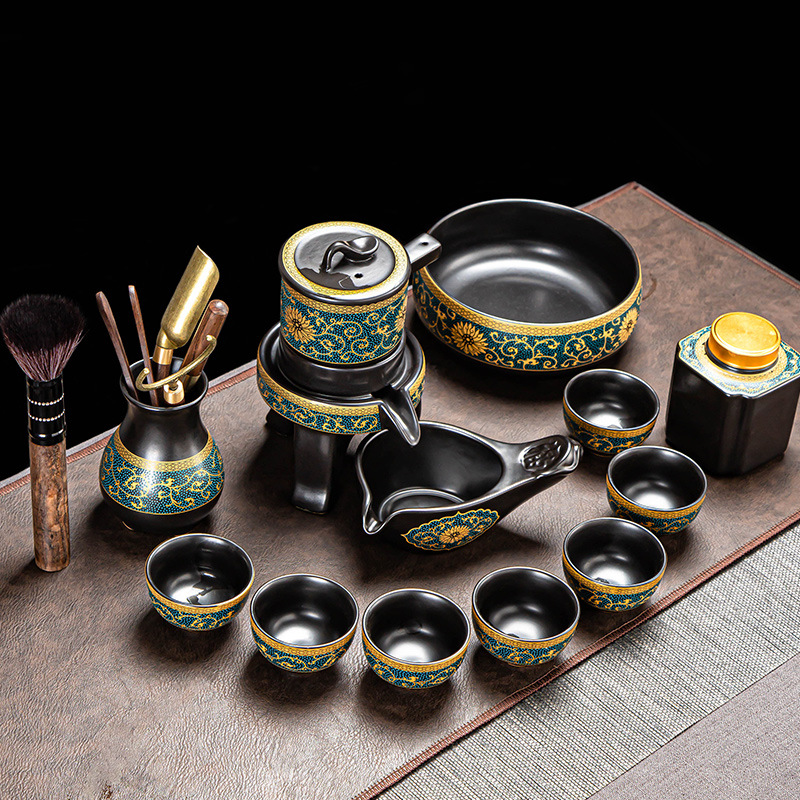 陶瓷自动茶具套装鎏金中式茶壶品茗杯家用西域建盏倒茶器厂家直销|ms