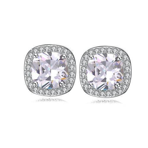 Cross-border E-commerce Men's Minimalist Square Diamond Micro-set Zirconia Earrings Four-prong Setting Small Earrings Small Quantity Wholesale