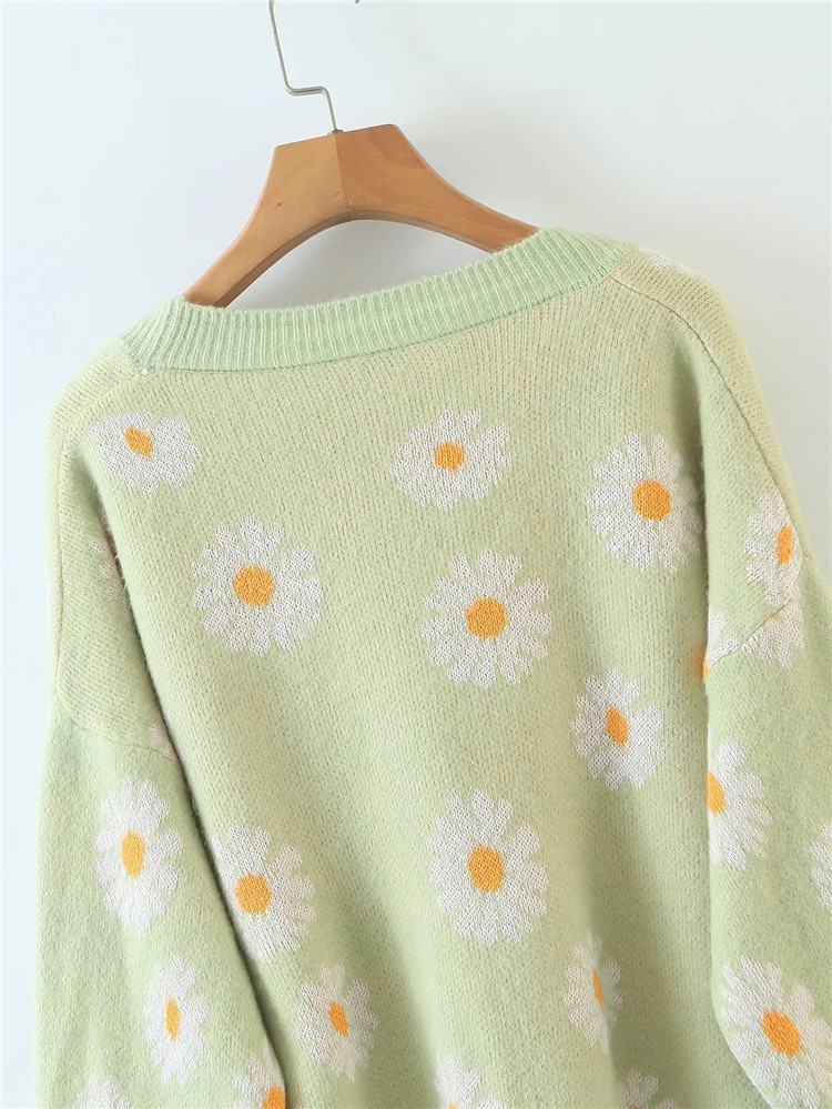 autumn and winter V-neck daisy jacquard cardigan sweater  NSLD15289