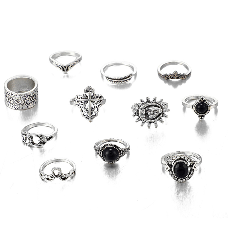 40g Weight Alloy Material Geometric Pattern Women'S Gender Plating Design Fashion Style Fashion Vintage Carved Sun Feather Cross Black Gem Ring 11 Piece Set Set 3
