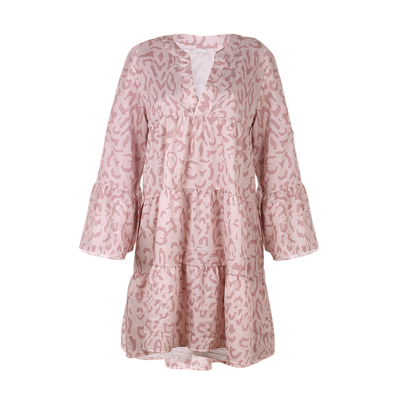 Spring Summer Printed Long Sleeve Loose V-neck Stitching Babydoll Dress for Women