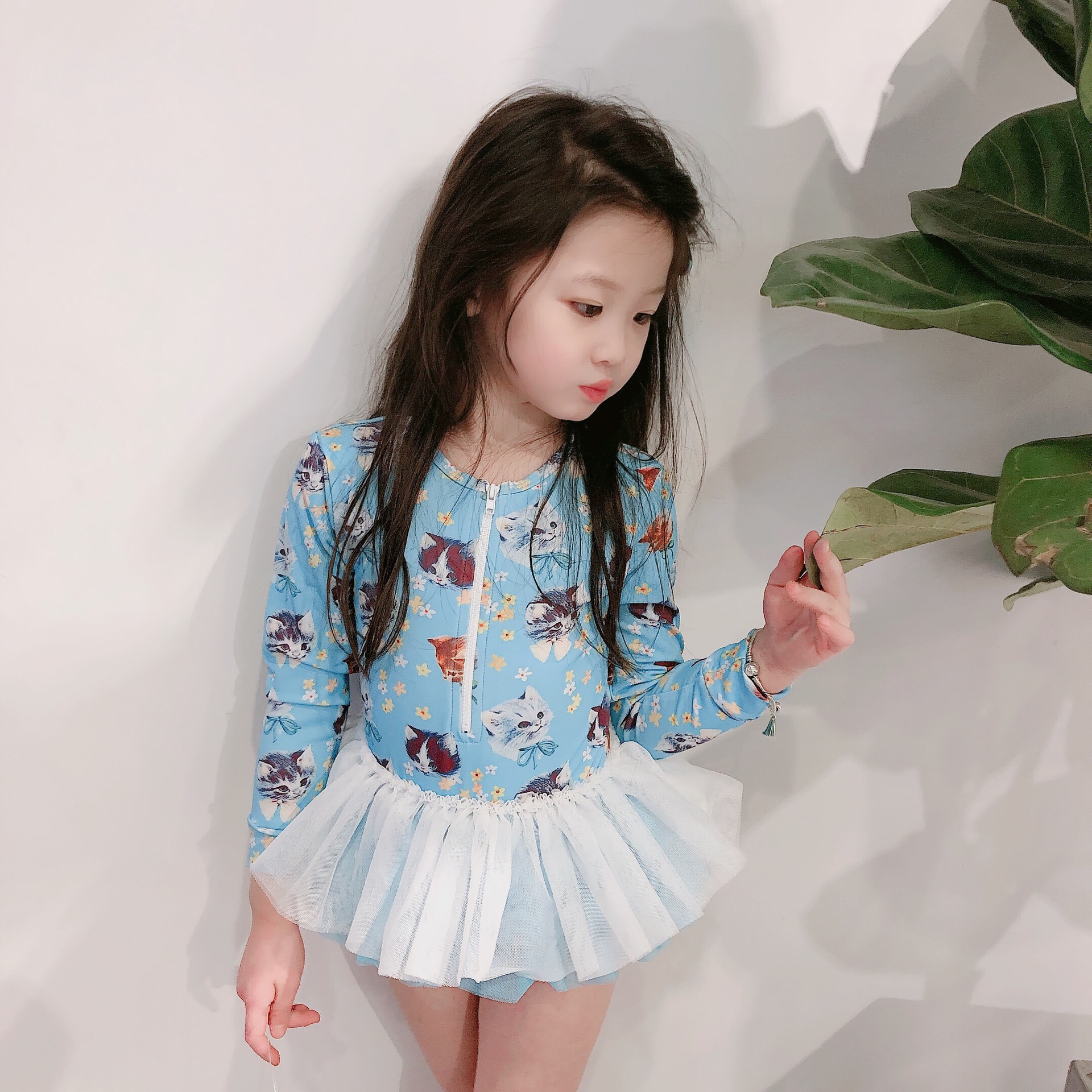 Children swimsuit woman ins new pattern Kitty unicorn Long sleeve Conjoined Yarn skirt Sunscreen Swimsuit A generation of fat