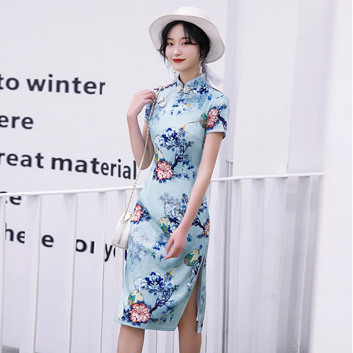 Chinese Dress cheongsam for womenWomen&apos;s cotton cheongsam Print Photo short sleeve cheongsam skirt