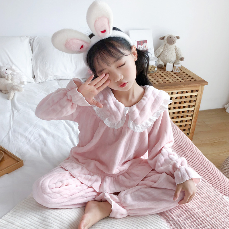 가을과 겨울 어린이 잠옷 밍크 벨벳 걸스 따뜻한 솔리드 컬러 레이스 핏 스트립 소녀 플란넬 프린세스 스타일 두껍게