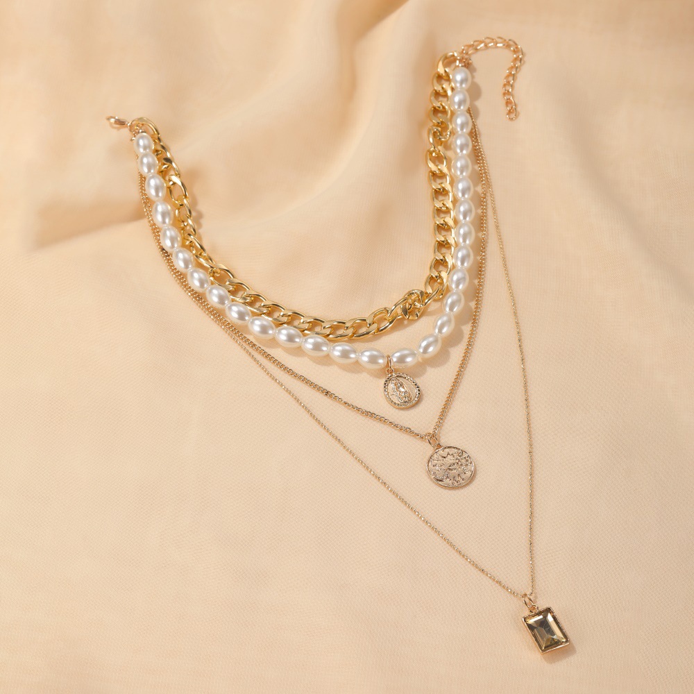 Hot Sale Vintage Coins Gem Baroque Multilayer Alloy Pearl Necklace Long Sweater Chain display picture 5