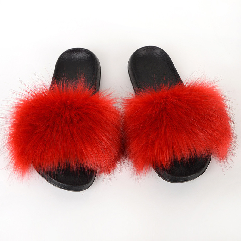 wish European and American sandals female fur faux fox fur slippers flat toe ladies sandals wholesale