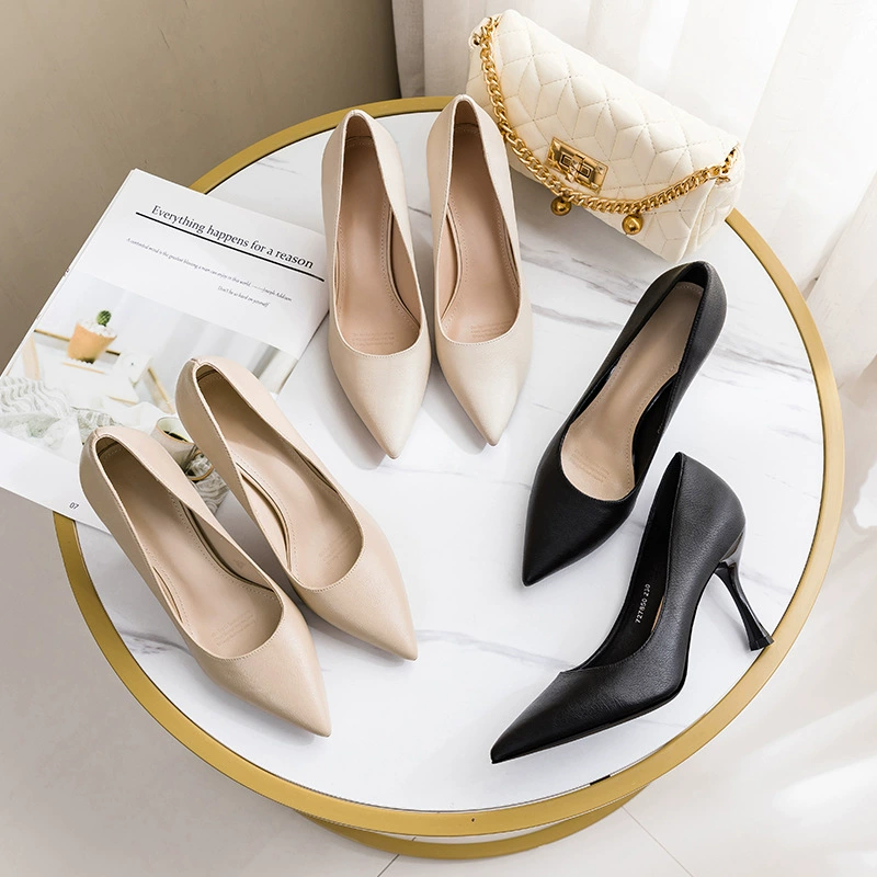 Новая Весенняя Однослойная обувь, женская простая однотонная Рабочая обувь с глубоким вырезом, женские темпераментные низ из овчины, остроносые туфли на высоком каблуке оптом