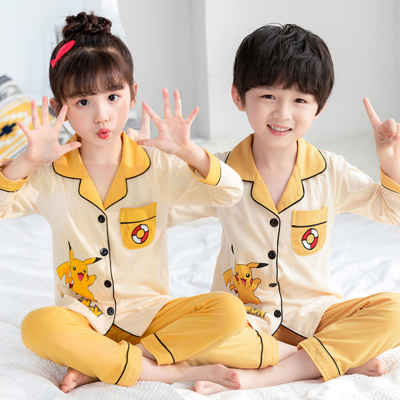 봄과 가을 긴 소매 소년 소녀를위한 어린이 잠옷 순면  부모-어린이 카디건 홈 의류 세트 대형 어린이 에어컨