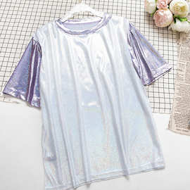 2023夏外贸速卖通亚马逊爆款宽松T恤女嘻哈舞蹈闪闪反光短袖货源