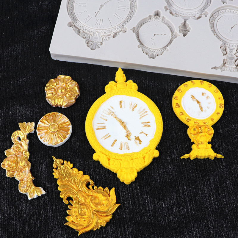 Fondant estilo Europeo en relieve de silicona molde gema pastelería de chocolate molde para hornear reloj decoración de la torta del molde de la torta