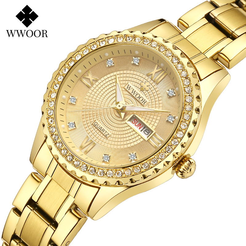 WWOOR Holding Love nueva pareja casual reloj de cuarzo para hombre calendario impermeable rhinestone reloj de moda para mujer 8856