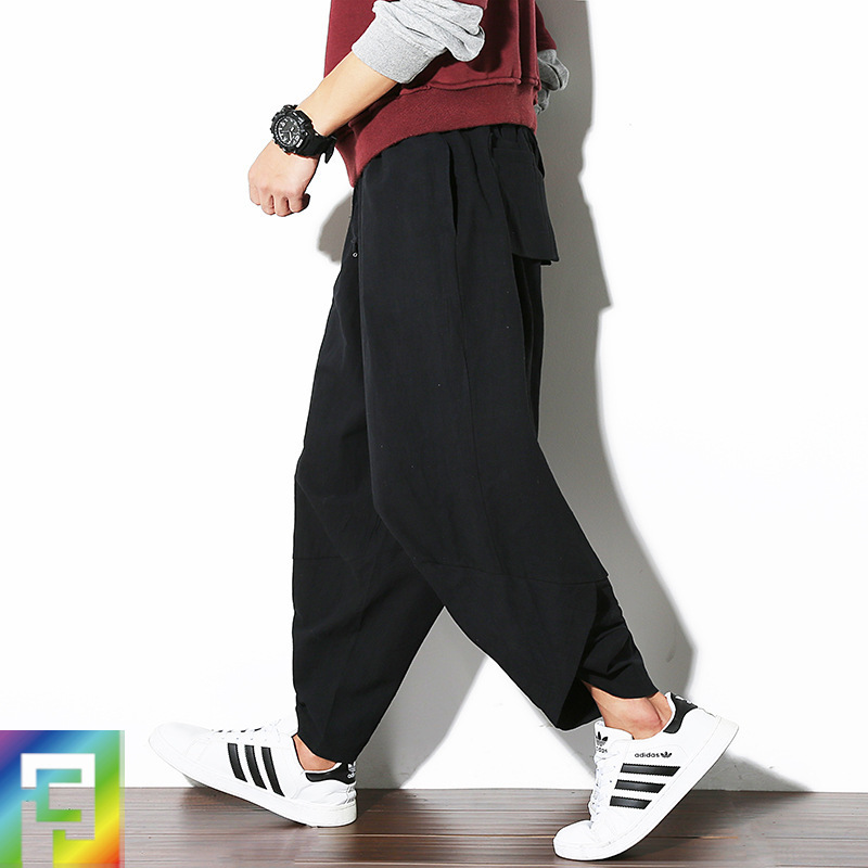 中国风大码宽松哈伦裤2017男式新款棉麻亚麻裤子男士个性吊裆裤