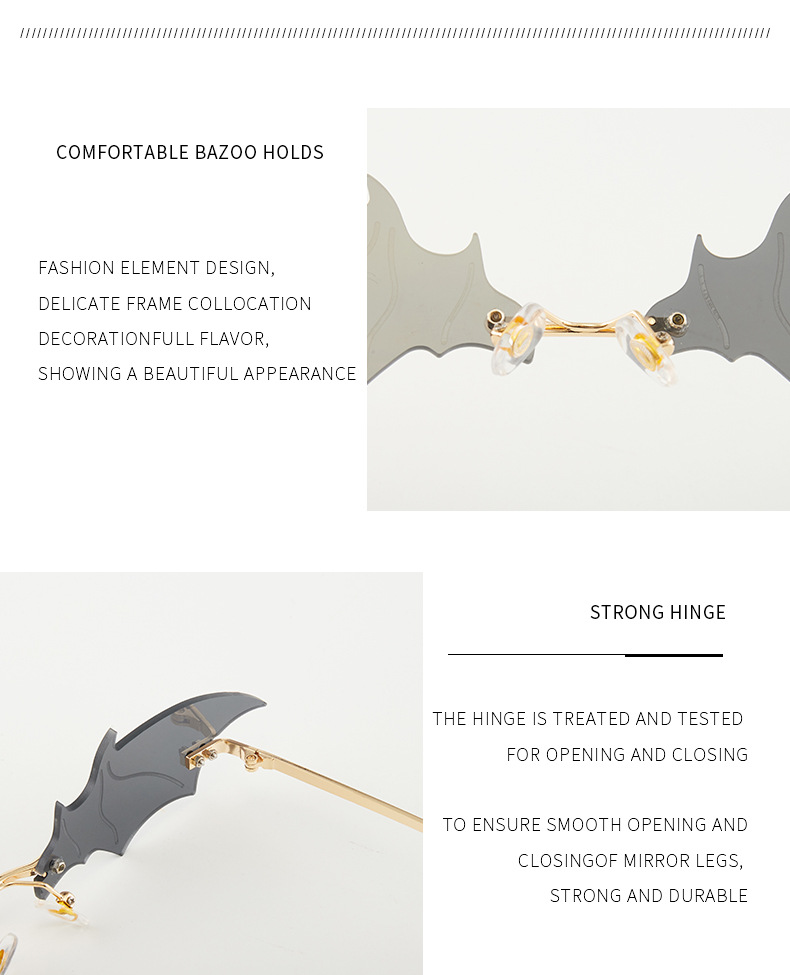 70g Weight Frameless Glasses Structure Sunglasses Classification PC, UV400 Protection Lens Material Special-Shaped Mirror Glasses Style Outdoor, Stage Occasion Halloween Festival Bat Pattern Unisex Gender Streetwear Style Gold Color Streetwear Bat PC UV400 Protection Special-Shaped Mirror Frameless Women's Sunglasses 2