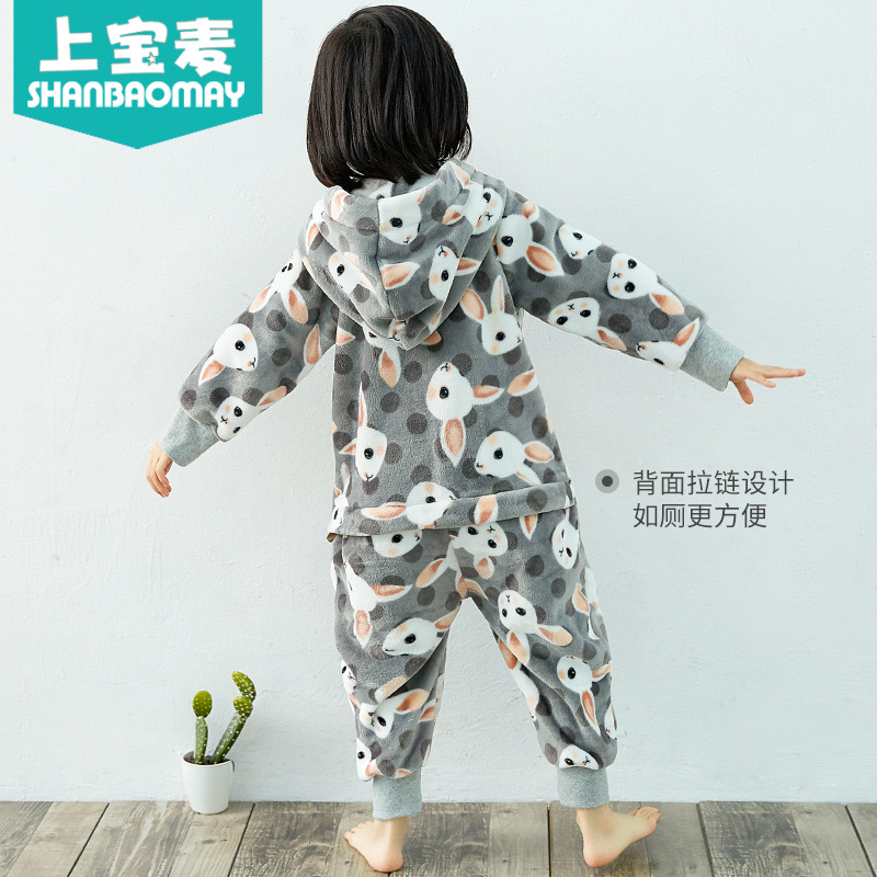 어퍼 바오 마이 가을과 겨울 어린이 슬리퍼 플란넬 따뜻한 어린이 파자마 산호 양털 소년 소녀 두꺼운 홈 옷