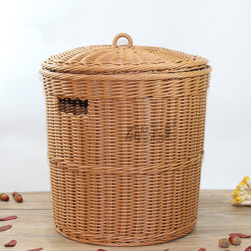 PP rattan-like woven basket with lid round towel basket cloth straw basket storage basket dirty clothes basket trash bin wastepaper basket washable