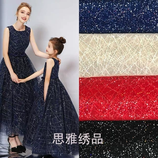 3mm网纱亮片面料 蕾丝网纱绣花布料满幅绣花礼服童装lace fabric