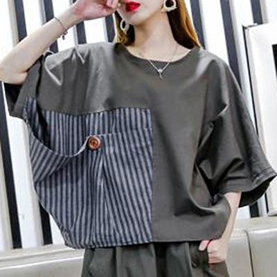 歐美外貿200斤加肥加大碼胖mm時尚休閑短袖t恤女夏個性不規則拼接