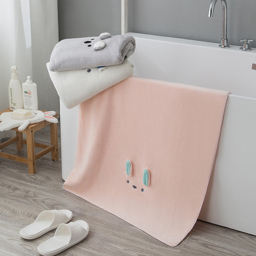 Cartoon embroidered coral velvet bath towel, wedding gift, return gift, soft absorbent towel for mother and child, one-piece drop shipping