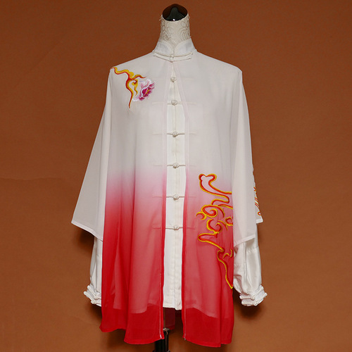 Tai chi clothing chinese kung fu uniforms Men and women Taifu embroidery Cape red and white gradual change competition performance gauze dress Training Dress shawl transition gauze dress