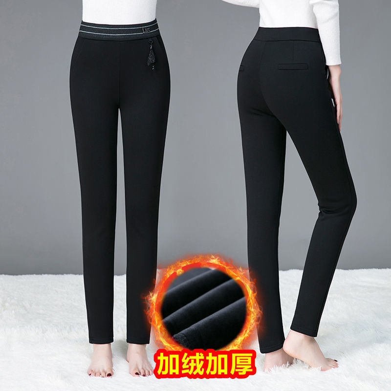 秋冬季加絨加厚保暖褲媽媽高腰打底褲女外穿中年彈力松緊腰長褲子