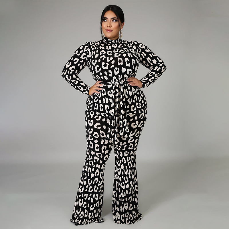 plus size black leopard print long-sleeved straps wide-leg jumpsuit NSLNW137017