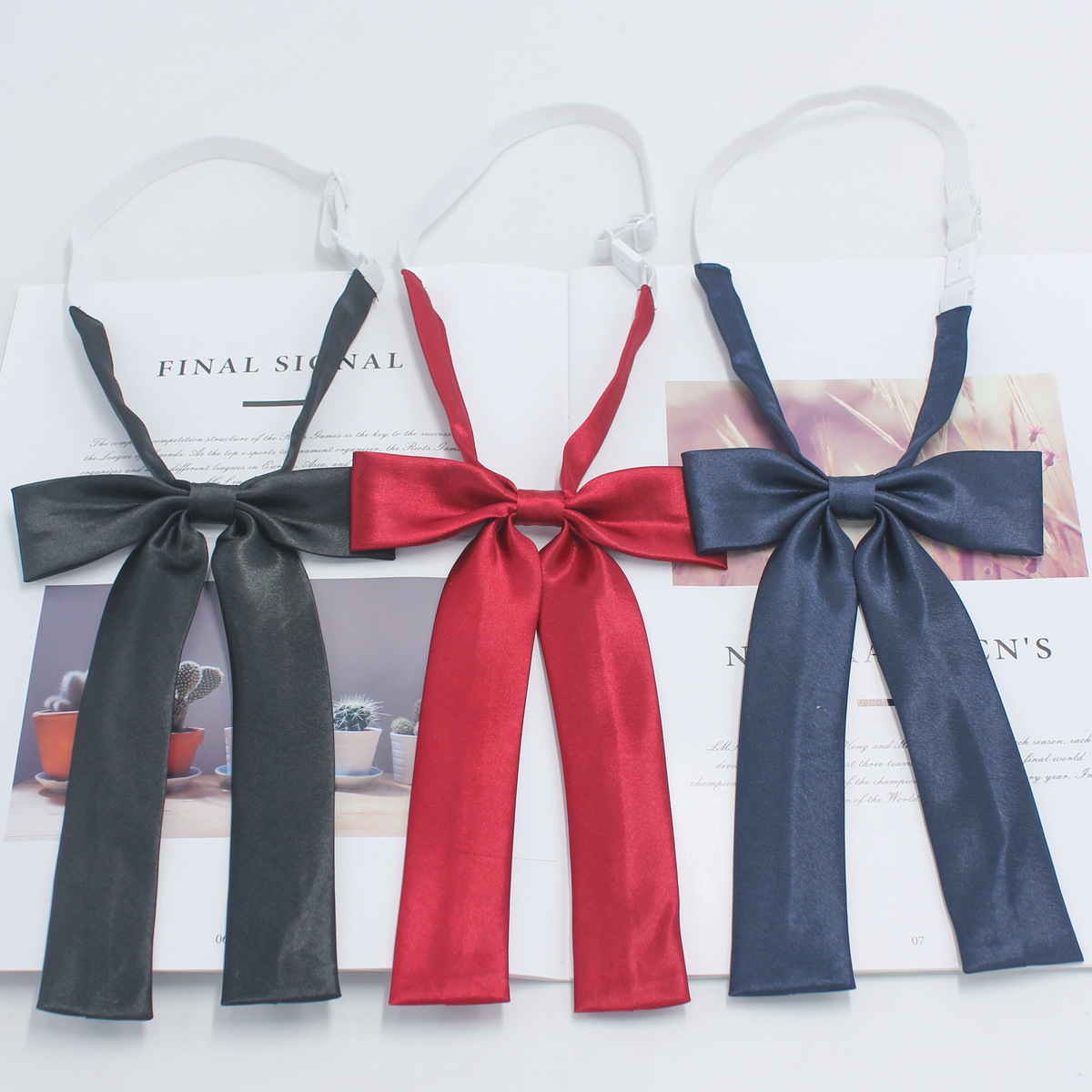 Pajarita de color sólido brillante para niñas pequeño mango largo cuello rojo vino flor estilo coreano cabeza plana archivo de satén jk uniforme lazo