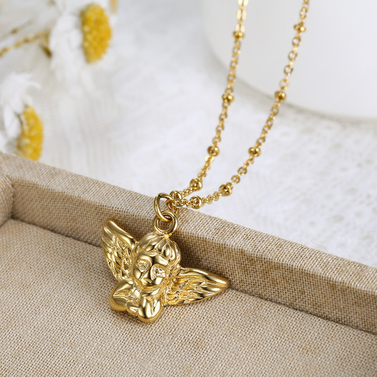 6g Weight Real Gold Plated Plating Material Titanium Steel Pendant Material Pendant Necklace, Necklace Pendant Classification Real Gold Plated 18K Gold Angel 304 Stainless Steel Retro Waterproof Non Tarnish Titanium Steel Pendant Necklace Necklace Pendant