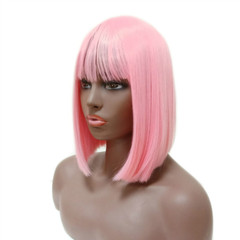 亞馬遜歐美時尚假髮女短直發bobo頭淺粉色發尾齊長短髮女化纖頭套