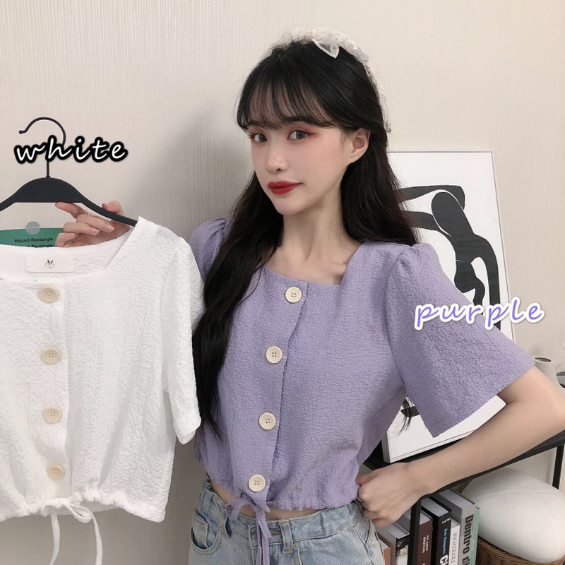 Korean Style Purple Square Collar Top Women's Summer Thin New High Waist Design Drawstring Short Sleeve Shirt