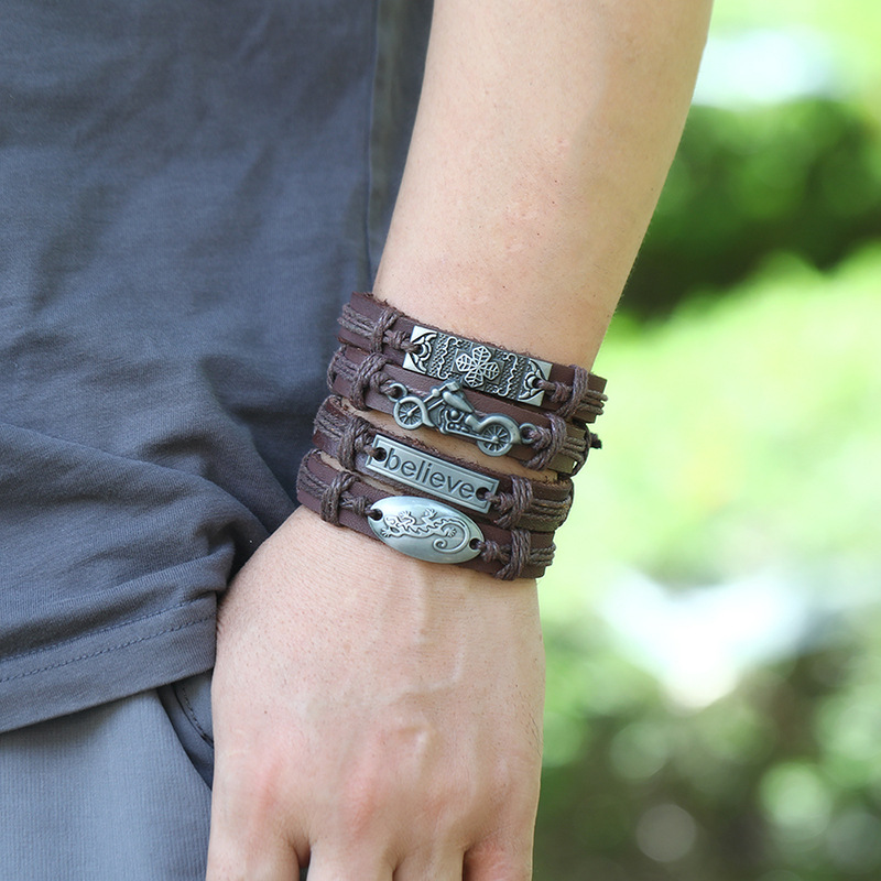 new retro woven leather wooden bead bracelet set