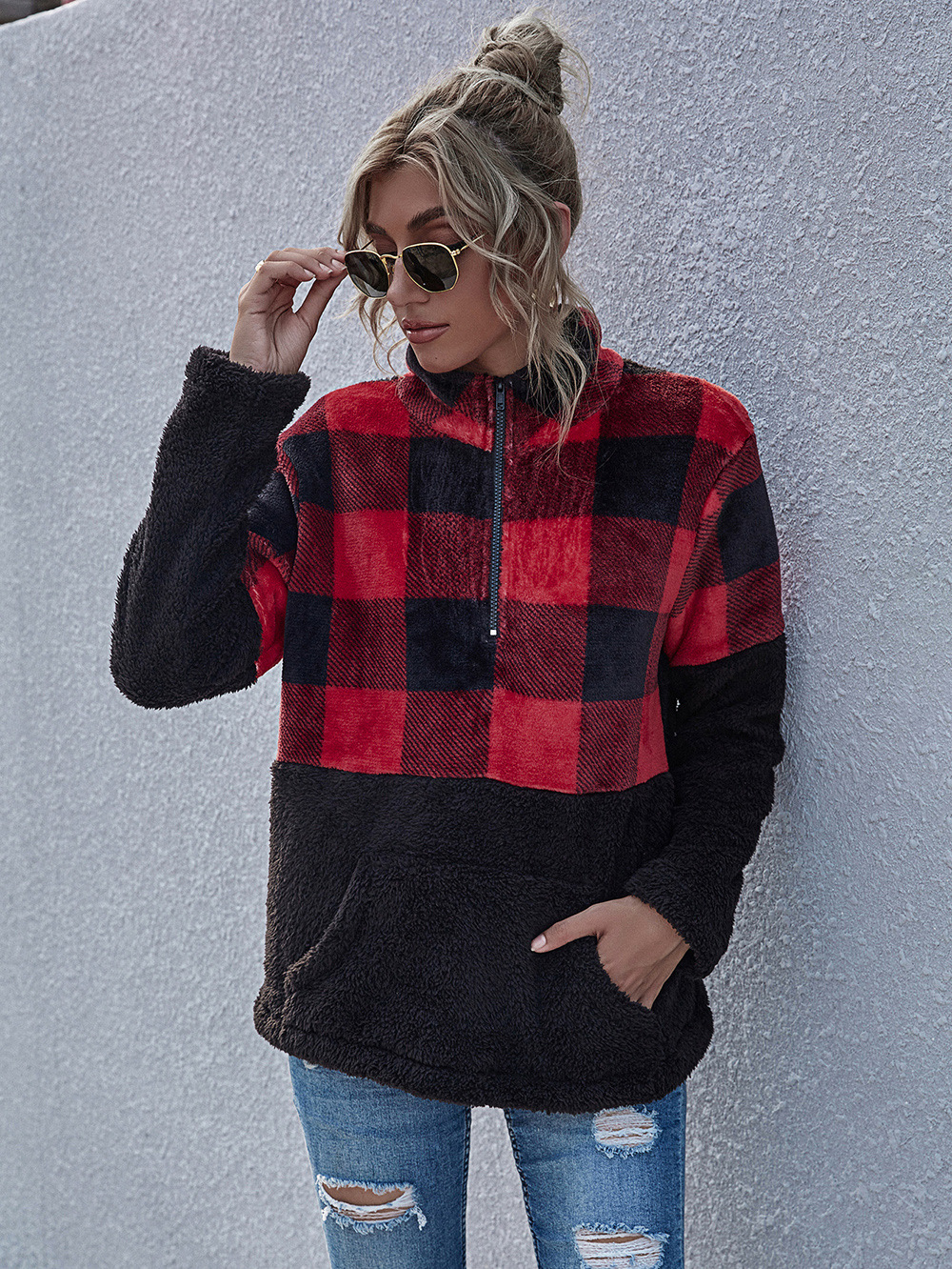 Neue Damen Reißverschluss Plaid Pelzmantel Damen Lange Ärmel display picture 1