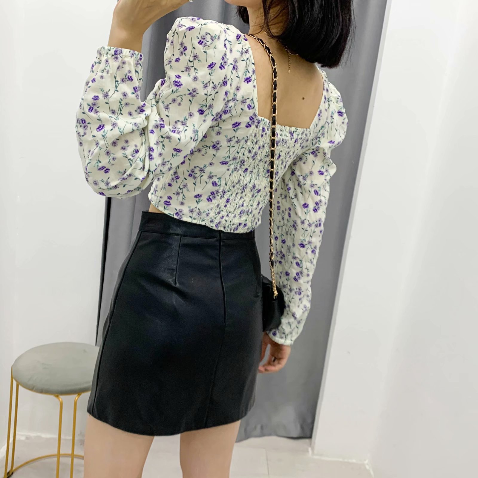 wholesale square neck puff sleeve shirt floral print short ultra short high waist top NSAM4289