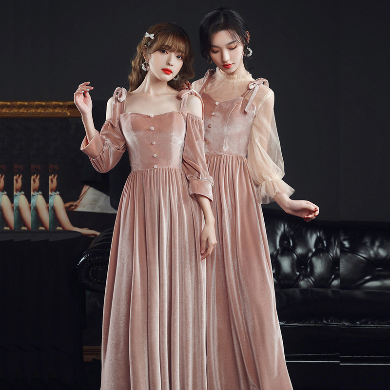 Bridesmaid Dresses Summer 2026 New Style Sister Group Fairy-Like Velvet Banquet Evening Dress Pink Long-Sleeved Bridesmaid Dress Bridesmaid Dresses Summer 2026 New Style Sister Group Fairy-Like Velvet Banquet Evening Dress Pink Long-Sleeved Bridesmaid Dress