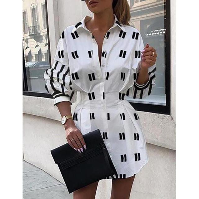 autumn and winter new fashion printed waist shirt lantern sleeve shirt NSYD3774