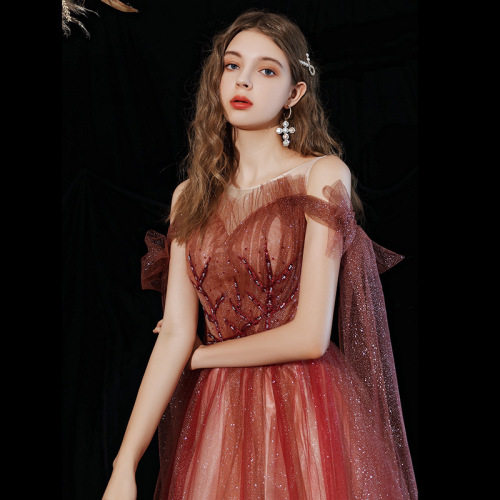 Wine gradient sequins Party dress female in the fall and winter of with the bride wedding toast conference hosted dress solo piano dress temperament