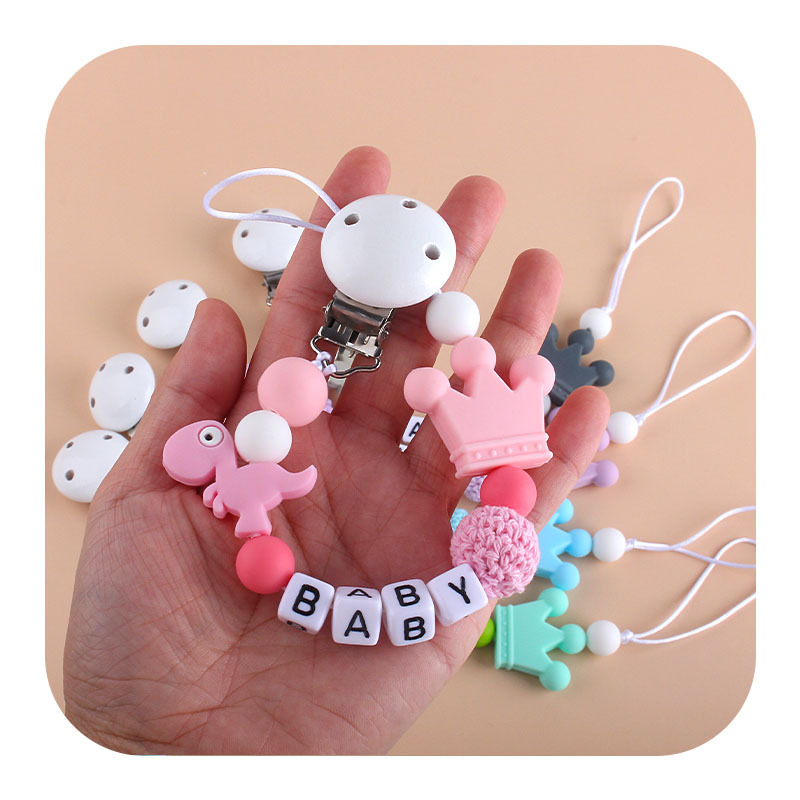 Hemu clip de silicona calmante Cadena de chupete corona mordedor cadena anti-caída pequeña cadena de silicona de dinosaurio Cadena de chupete suministros para bebés