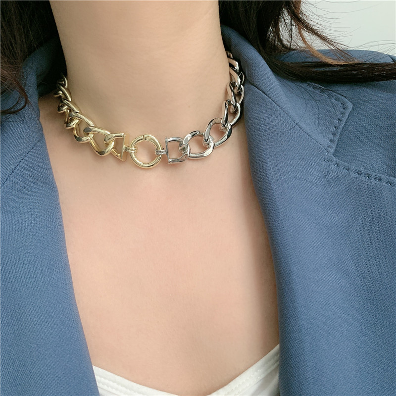 Fashion Exaggerated Gold And Silver Double Color Wide Chain Clavicle Chain Simple Thick Chain Short Necklace For Women display picture 8