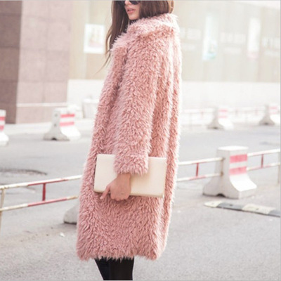 goods in stock Europe and America Lamb wool Long sleeve coat Lapel Hairy Mid length version overcoat 8061 Pink