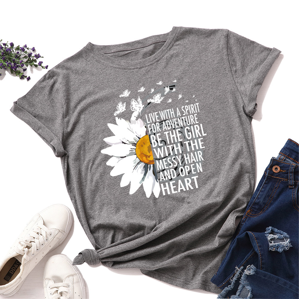 Women T-shirts Chrysanthemum Inspirational Letter Print 
