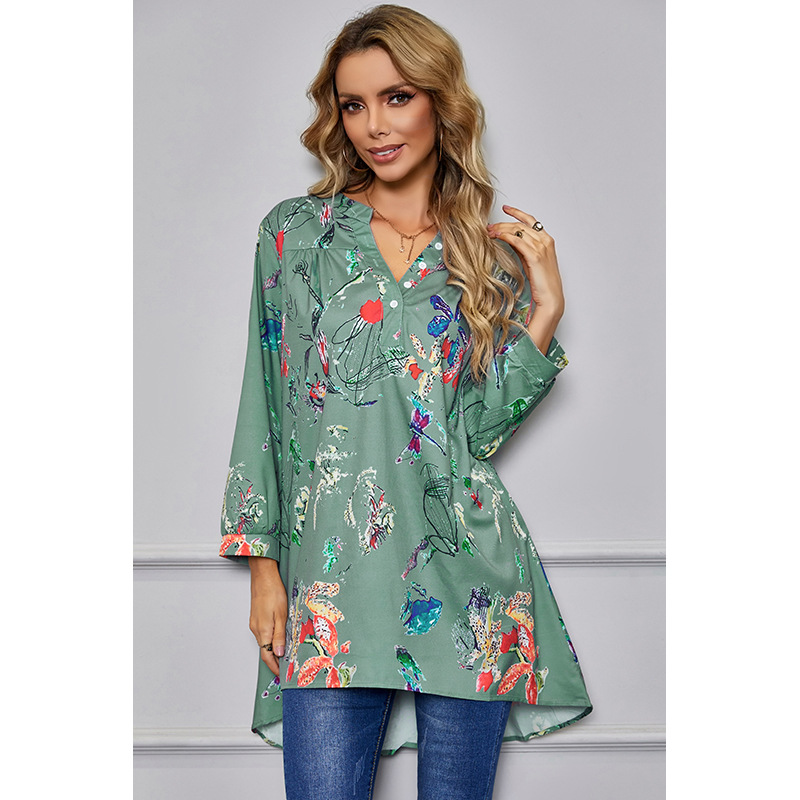 loose V-neck long-sleeved printed T-shirt  NSSA25940