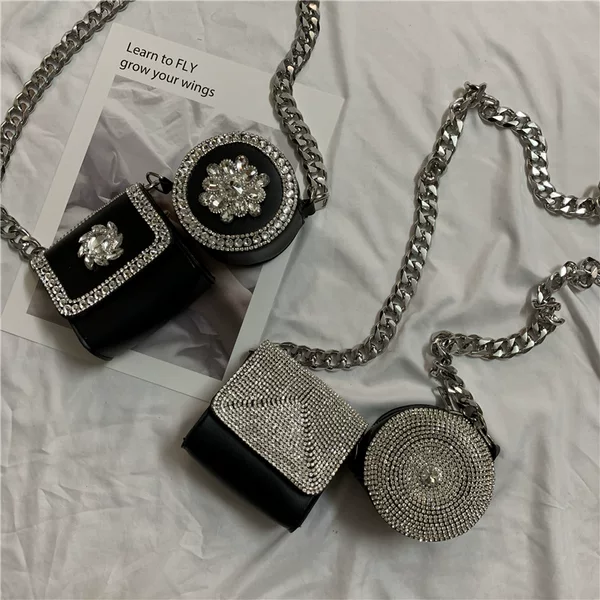 Punk style diamond small square bag flash diamond chain female ins super hot Net red same style thick oblique diamond-embedded mini satchel fashion