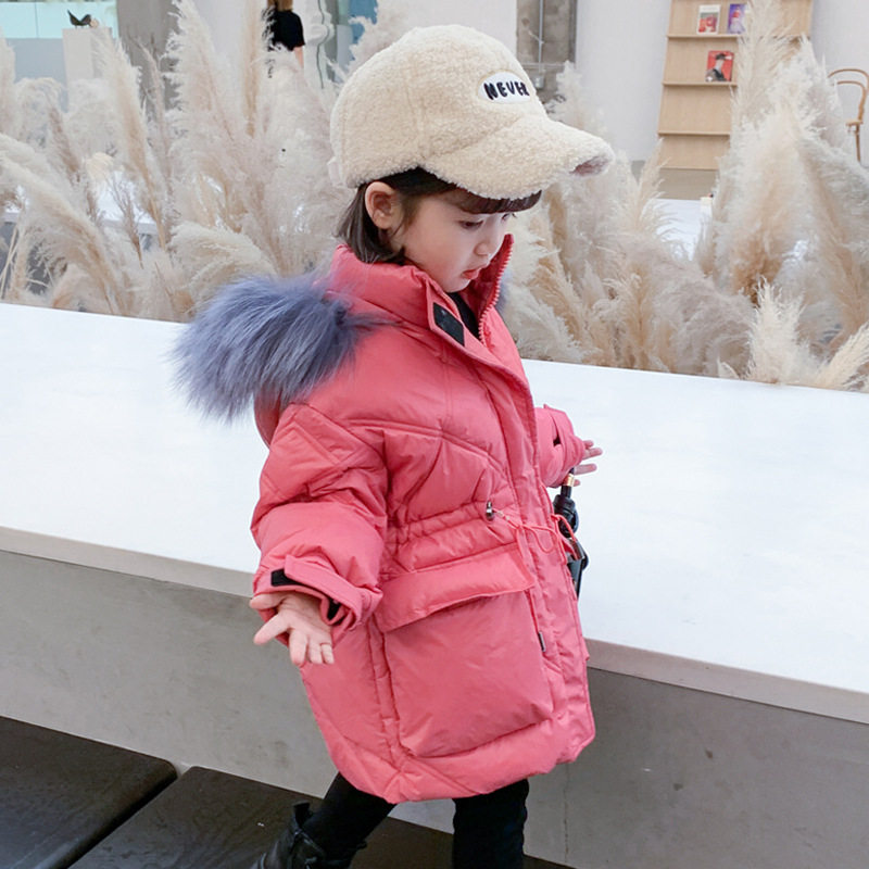 Winter clothes new pattern children Down Jackets Mid length version Waist girl Boy Korean Edition Western style keep warm coat Hair collar